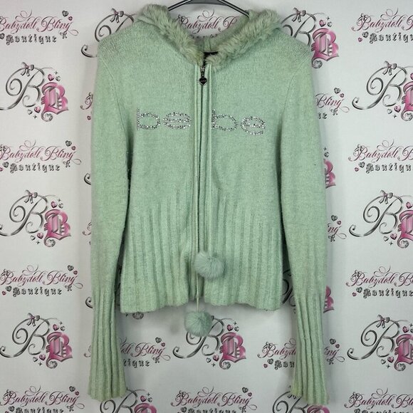 bebe Tops - Bebe angora rabbit fur sweater hoodie Light Green Ribbed Sweater with Pom-Poms